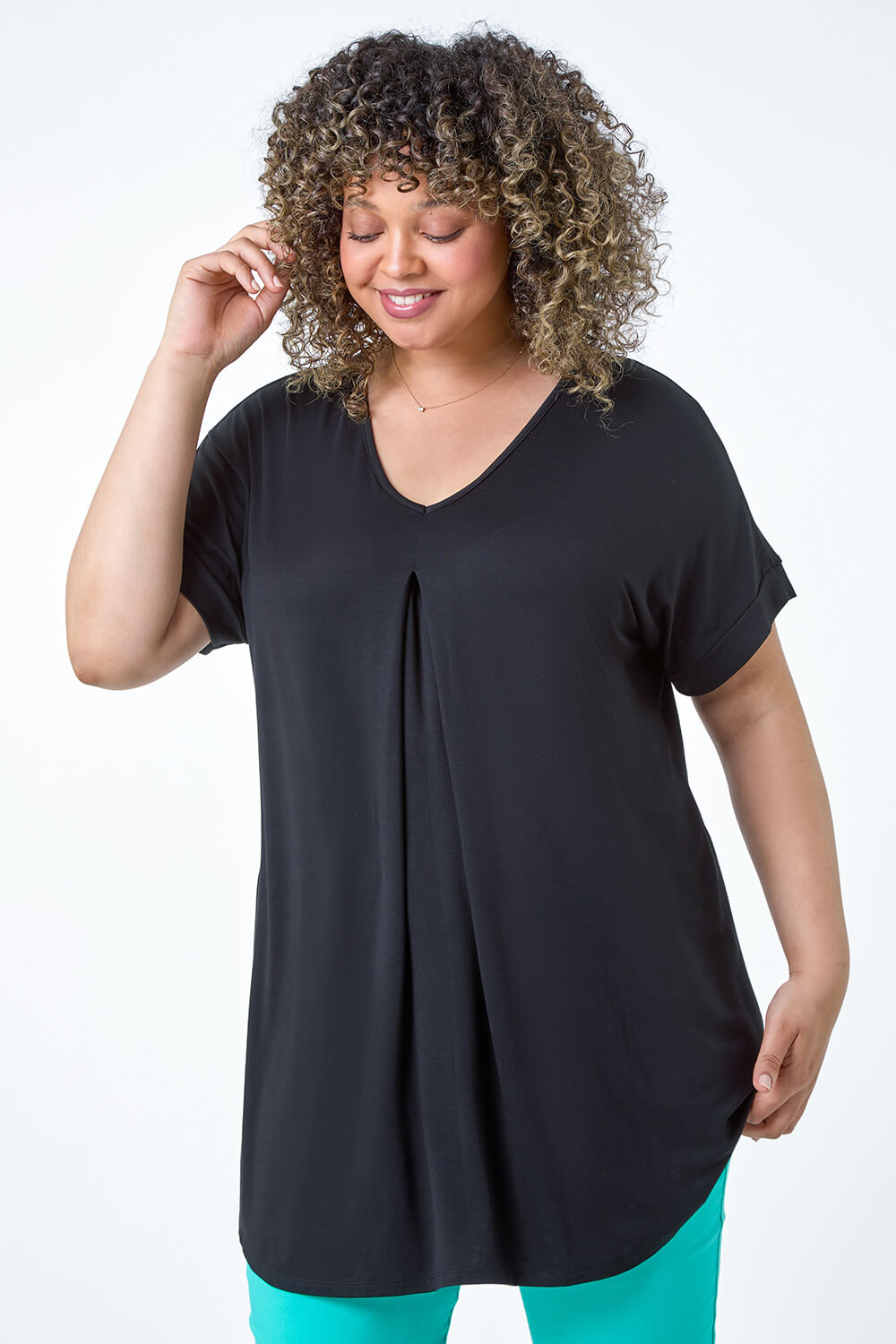 Black Curve Plain Pleat Front Tunic Stretch Top, Image 1 of 5