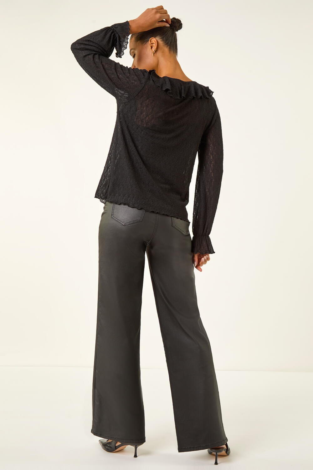 Black Lace Ruffle Front Top, Image 5 of 6