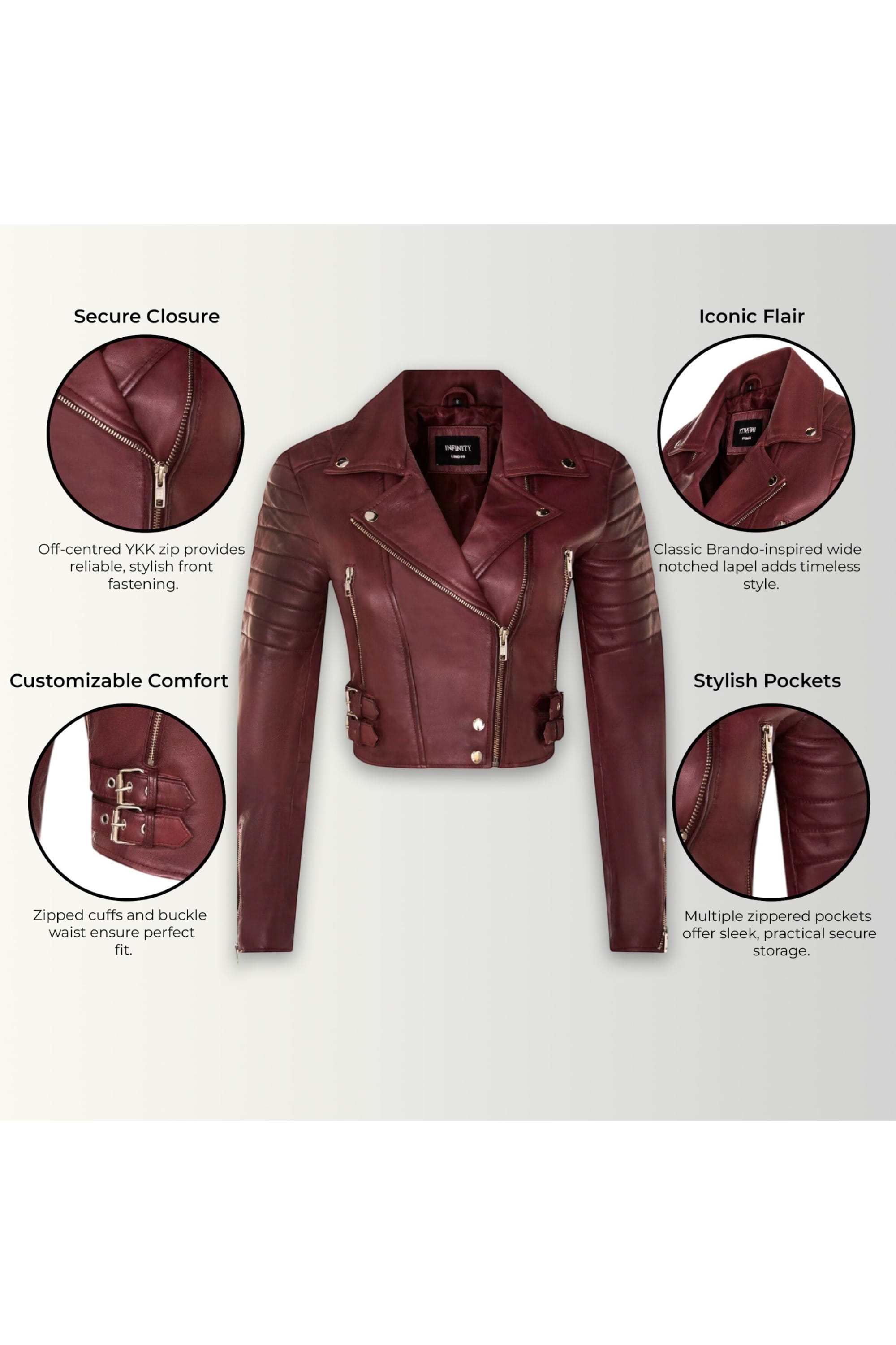 Burgundy Cropped Brando Leather Biker Jacket, Image 3 of 7
