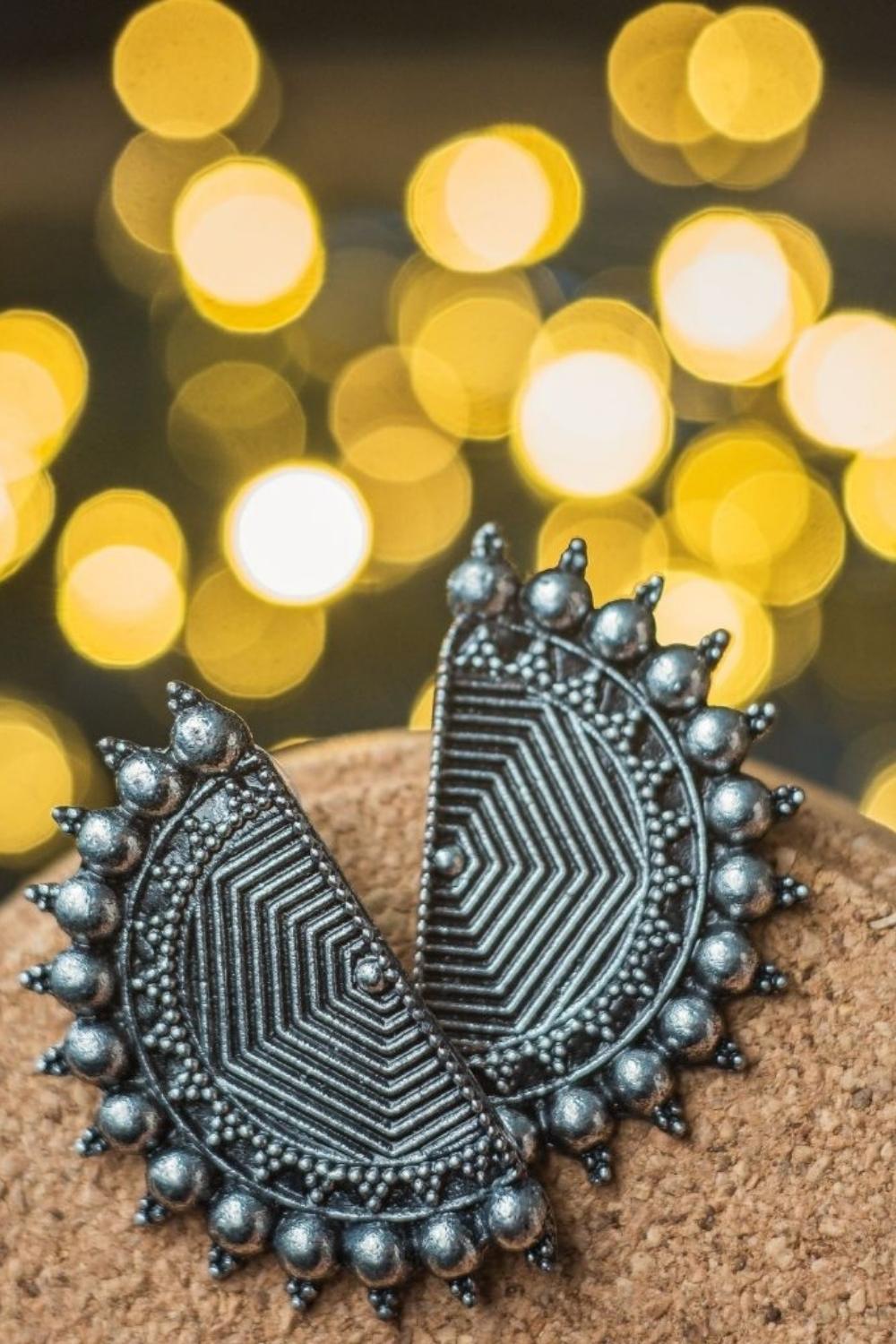 Silver Eclipsed Semicircular Oxidised Boho Jhumkis, Image 2 of 3