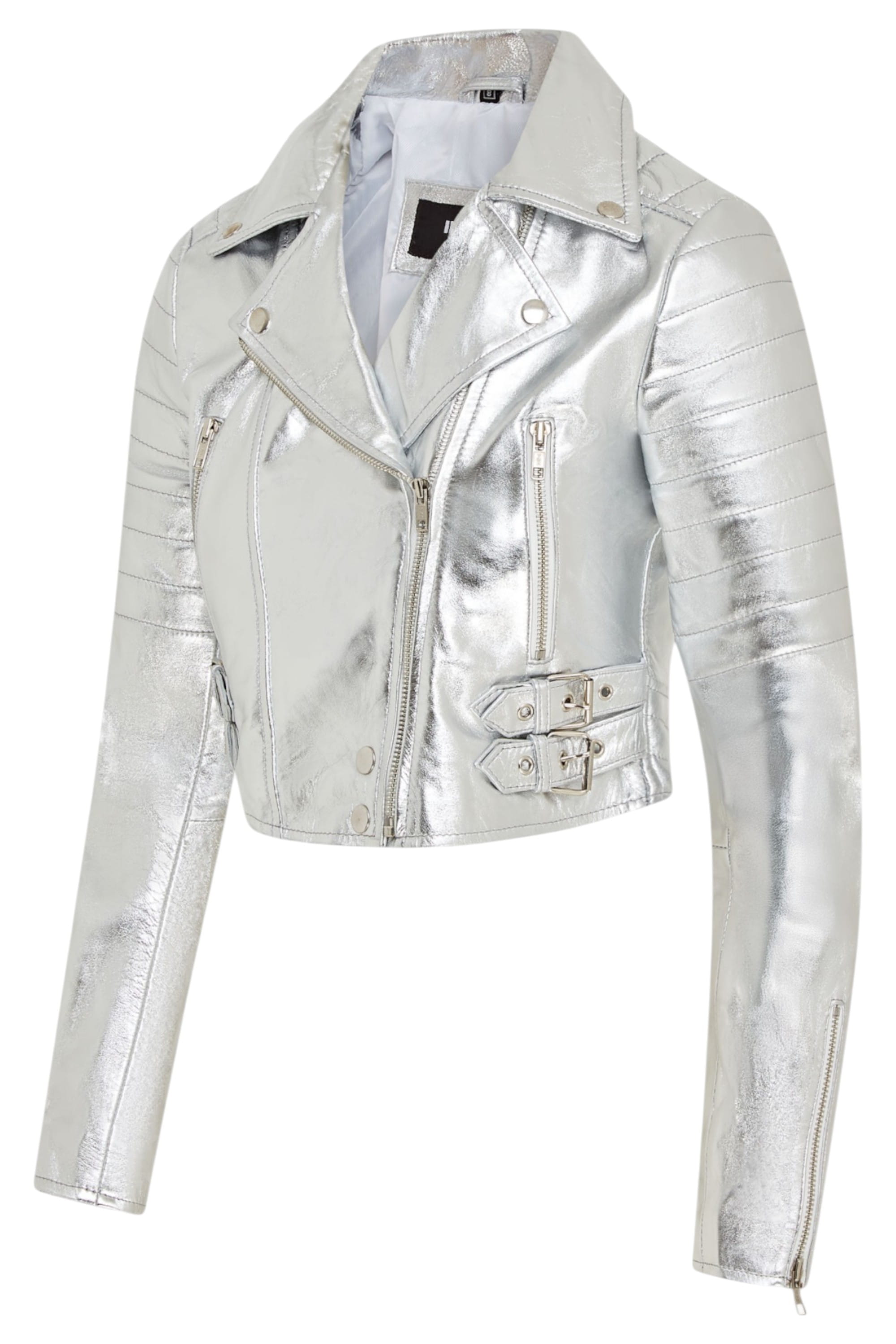 Silver Cropped Brando Leather Biker Jacket, Image 4 of 7