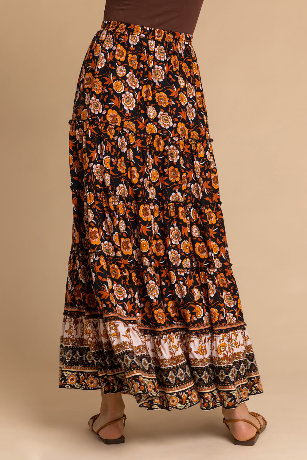 Black Floral Boho Print Tiered Maxi Skirt, Image 3 of 4