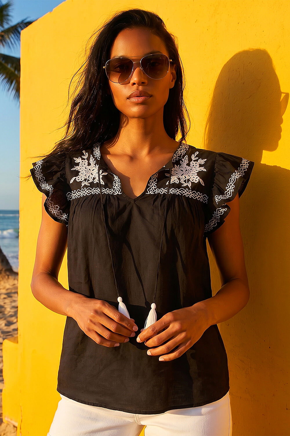 Black Embroidered Tie Front Top, Image 1 of 4