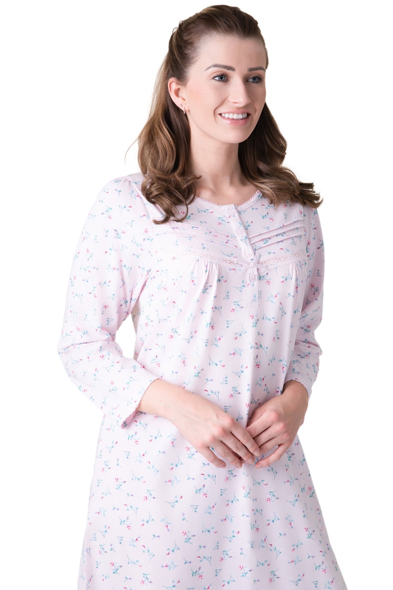 Pink Camille Lingerie Pink Jersey Long Sleeve Floral Print Nightdress, Image 4 of 5