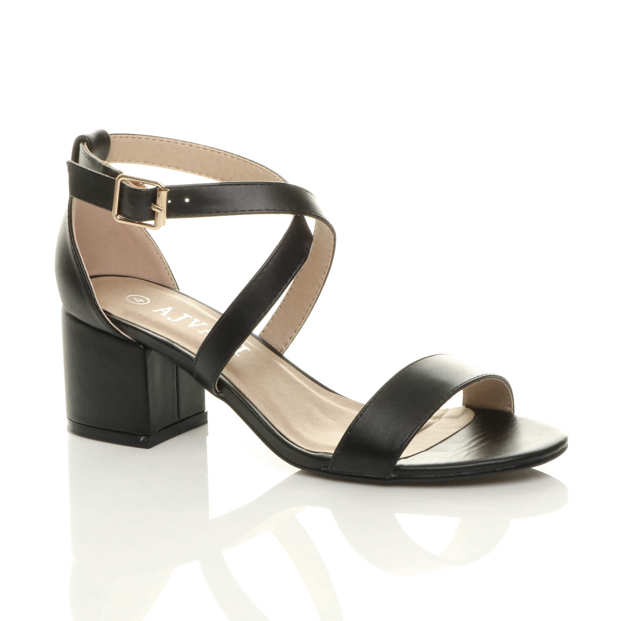 Black Mid Block Heel Crossed Straps Sandals