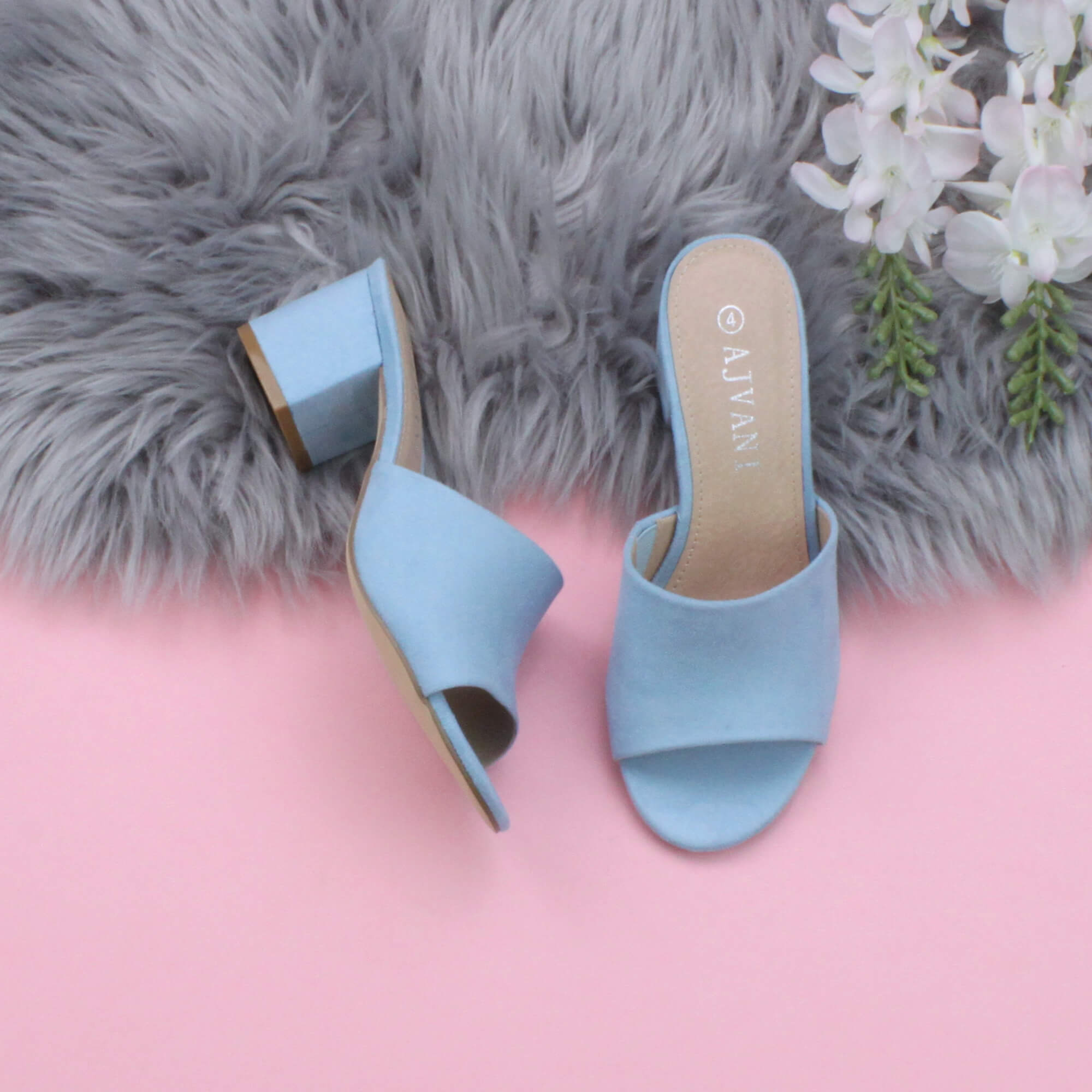 Light Blue AJVANI Light Blue Mid Block Heel Peep Toe Mules Sandals, Image 4 of 6