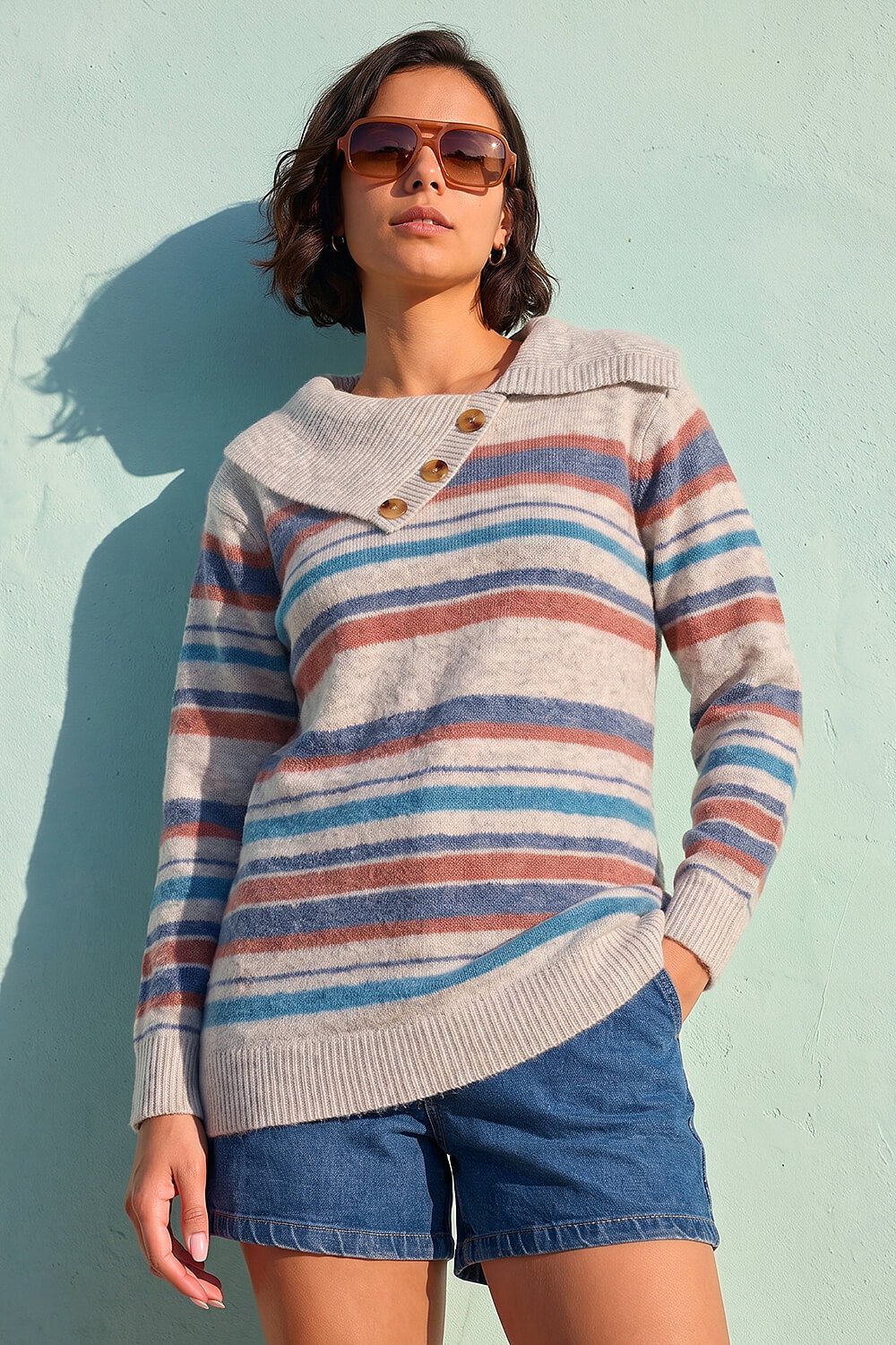 Grey Cowl Neck Stripe Jumper, Image 3 of 4