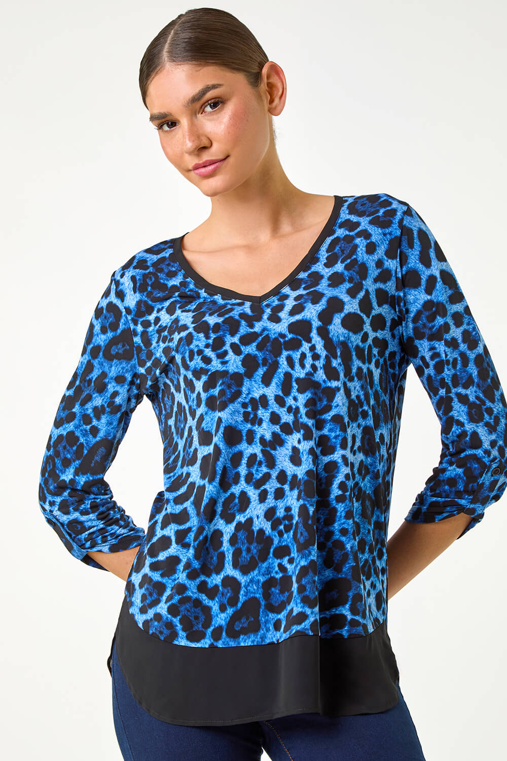 Blue Animal Print Contrast Border Print Top, Image 3 of 5