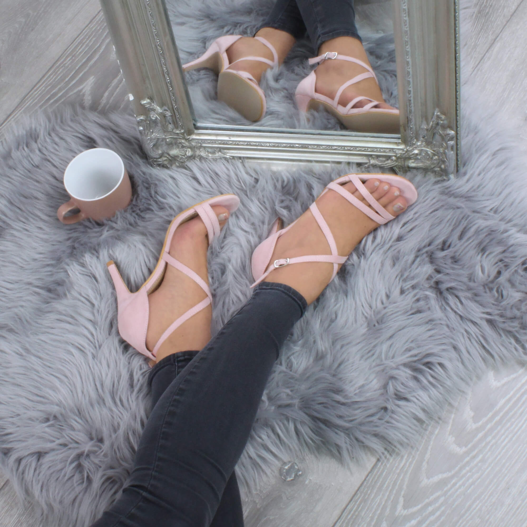 Light Pink AJVANI Light Pink High Heel Crossed Straps Buckle Strappy Sandals, Image 5 of 6