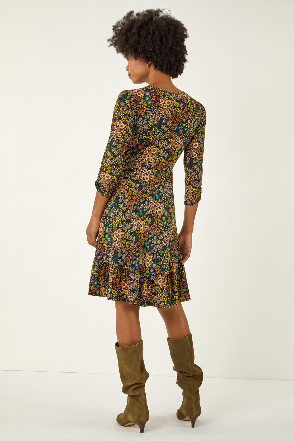 Multicolour Viscose Rayon Check Heart Printed V-Neck Frill Tiered Layered Womens Dress