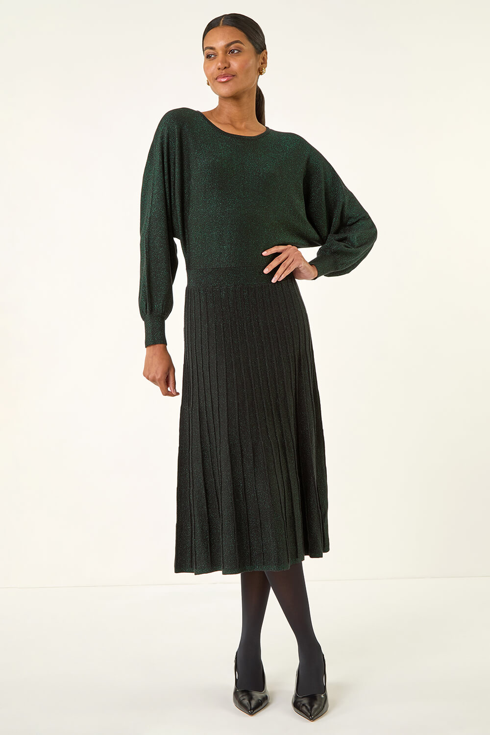 Roman Women's Green Shimmer Pleated Knit Midi Dress Size 10