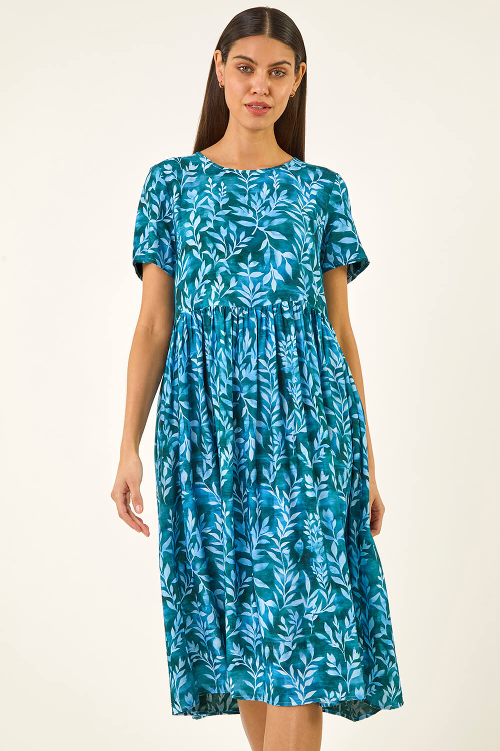 Blue Leaf Print Smock Midi Dress, Image 1 of 5