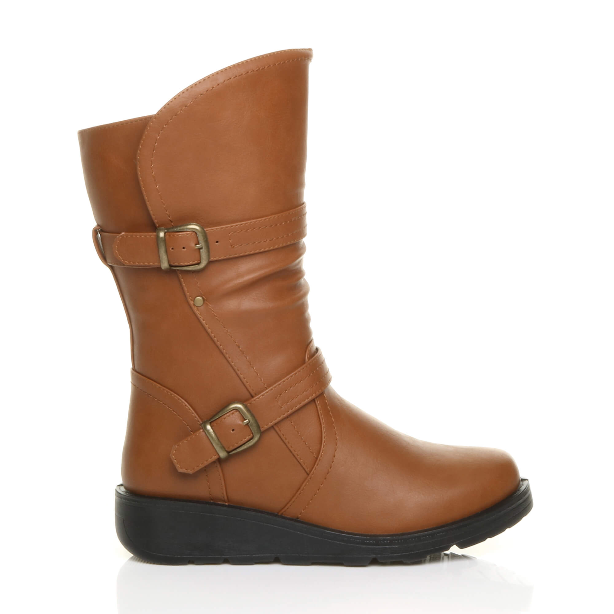 Tan Low Wedge Heel Comfort Calf Biker Boots, Image 2 of 6