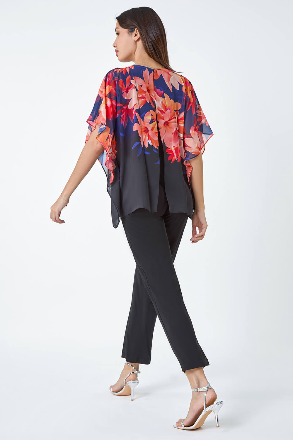 Navy  Floral Print Chiffon Overlay Jumpsuit, Image 4 of 5