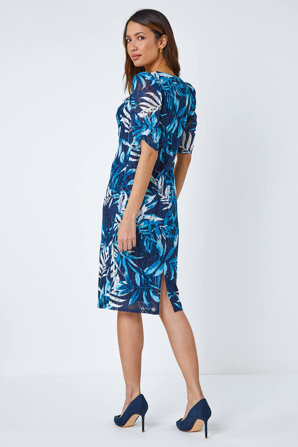 Navy Half Puff Sleeve Lace Trim Cotton Midi Dress