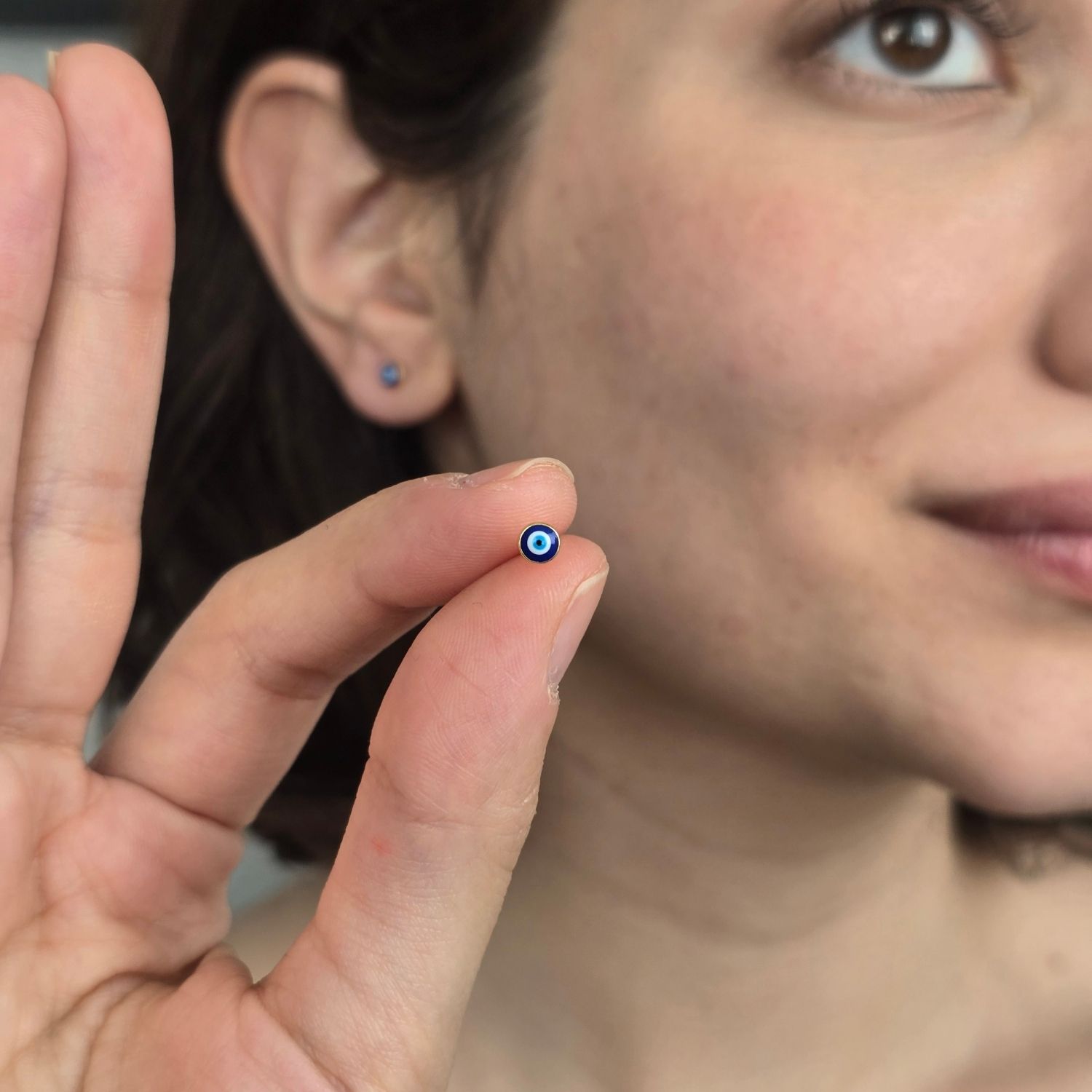 Silver Turkish Evil Eye Nazar Protective Silver Stud Earrings, Image 3 of 4