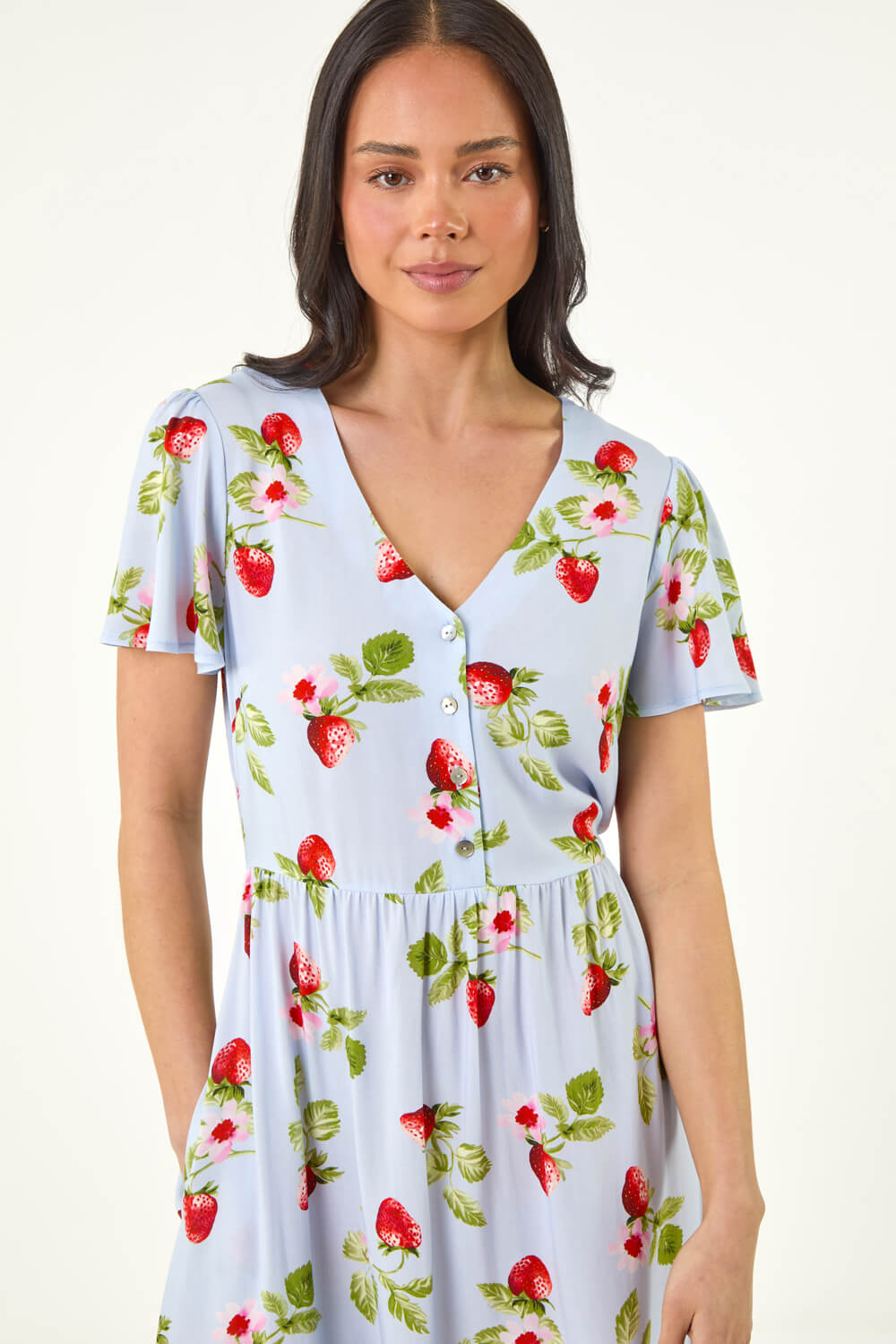 Blue Petite Strawberry Print Pocket Dress , Image 5 of 5