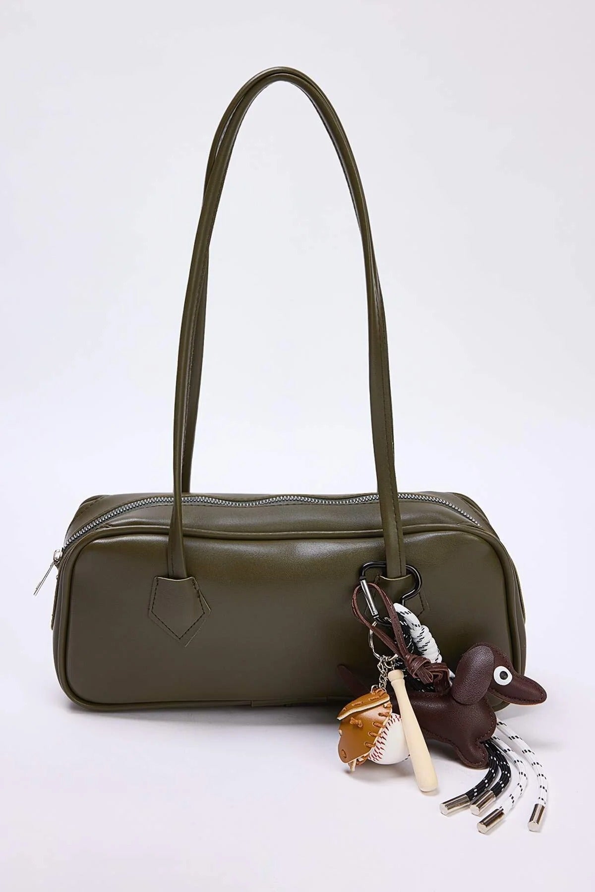 Khaki WOVCOR Khaki Charm Detail Mini Bowling Shoulder Bag, Image 1 of 4