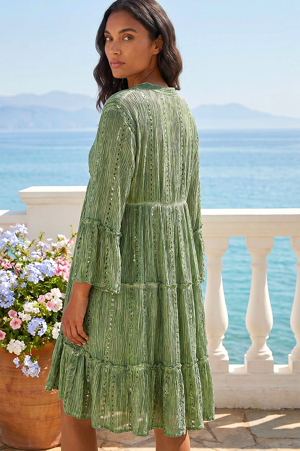 Green Shimmer Tie Detail Smock Dress, Image 3 of 4