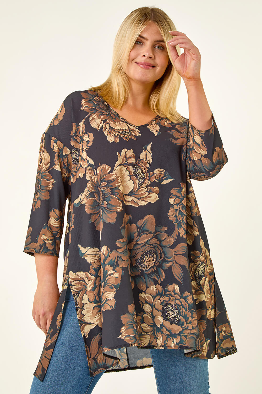 Roman Curve Women's Brown Floral Print Tunic Top Size 26-28