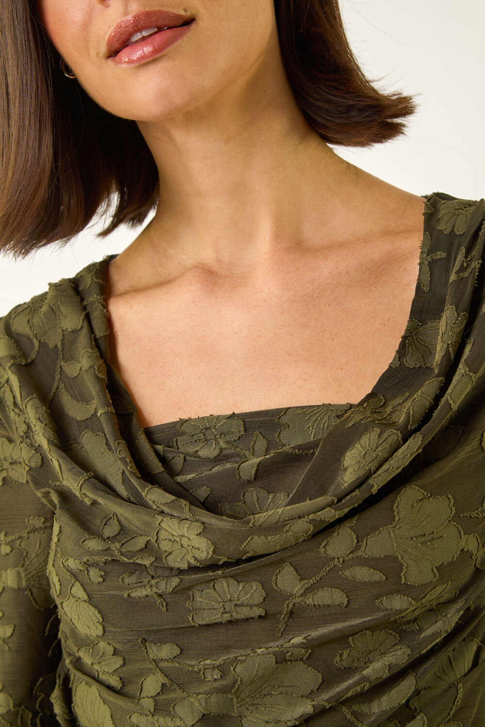 Khaki Cowl Neck Jacquard Stretch Top, Image 6 of 5