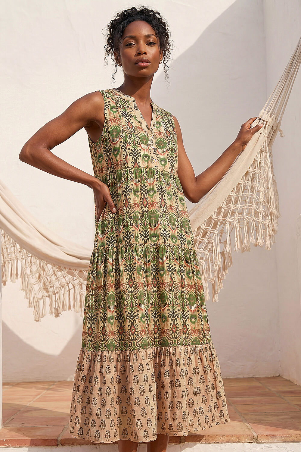 KHAKI Border Print Midi Smock Dress, Image 1 of 4