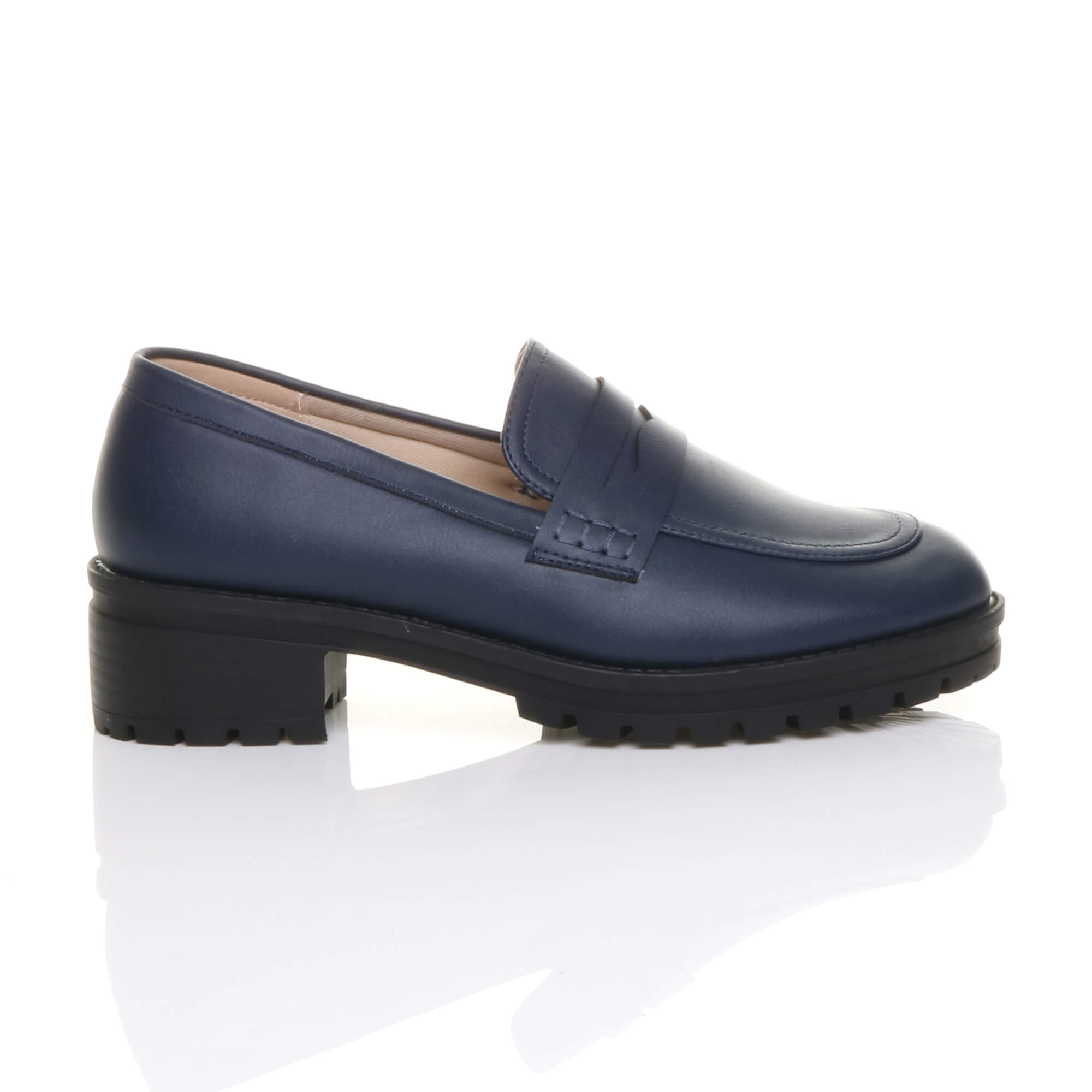 Navy Blue Flat Chunky Heeled Penny Loafers, Image 2 of 5