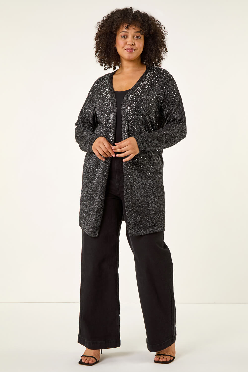 Black Curve Sparkly Longline Knit Cardigan, Image 3 of 5