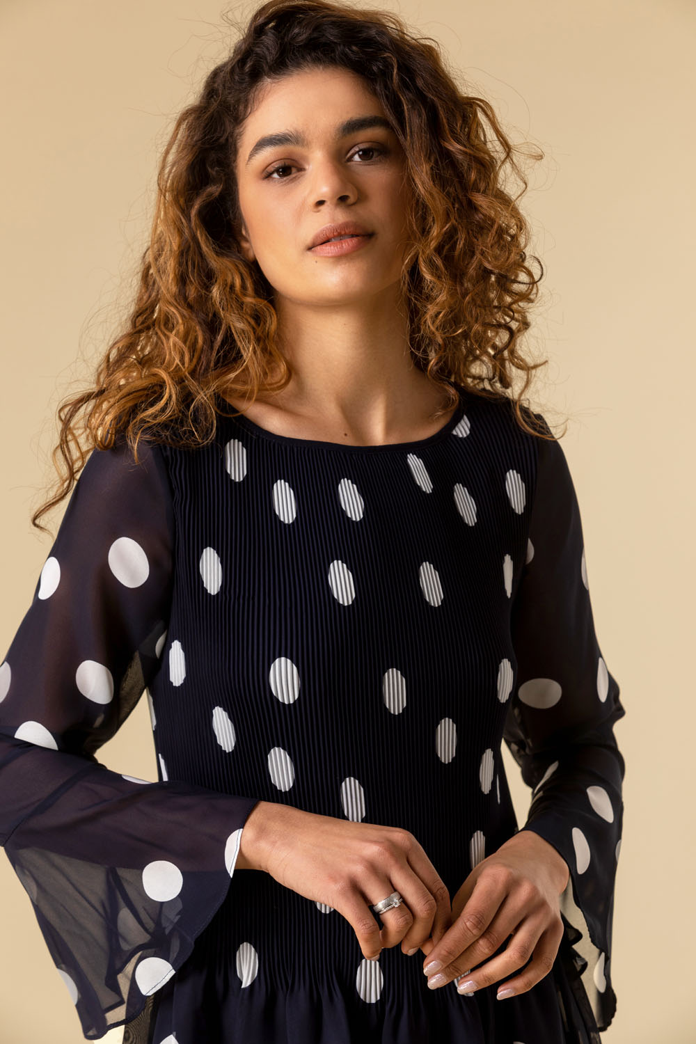 Navy Spot Flute Sleeve Pleated Top, Image 5 of 4