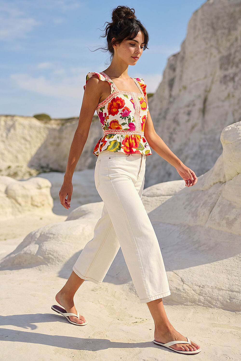 ORANGE Dusk Floral Border Frill Top, Image 3 of 5
