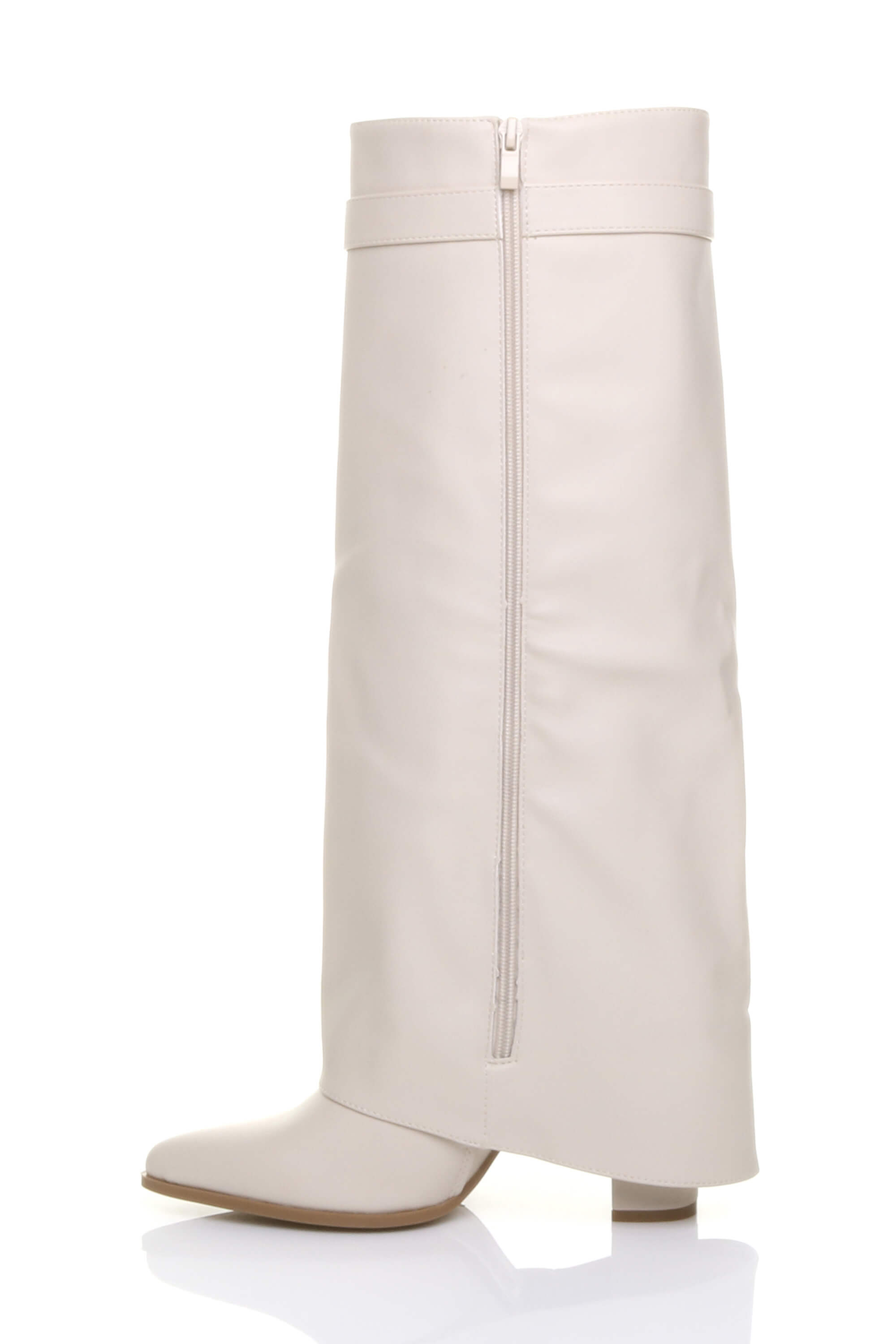 Beige AJVANI Beige High Block Heel Pointed Toe Fold Over Knee Boots, Image 3 of 4