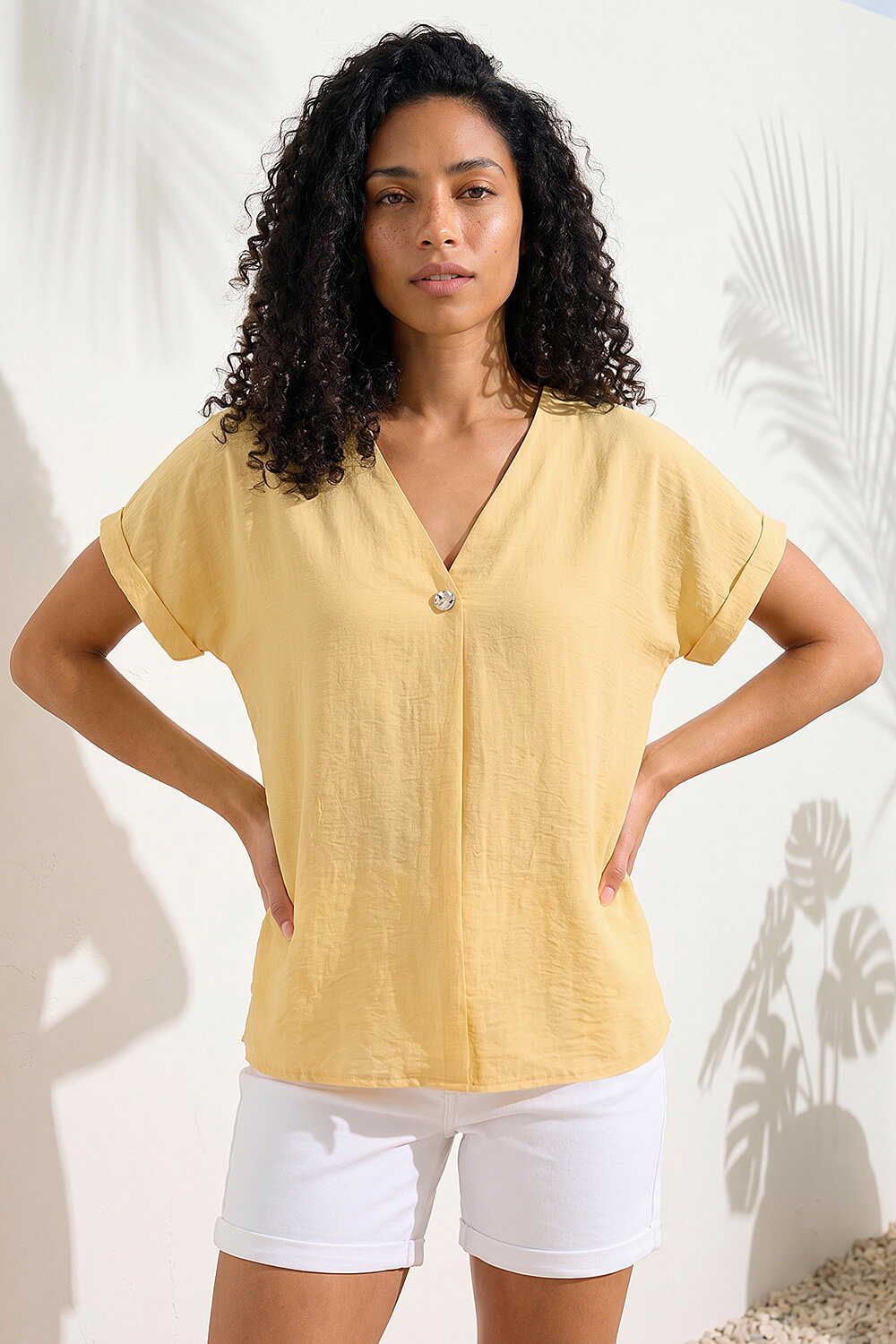 Yellow Pleat Front V-Neck Top, Image 1 of 4