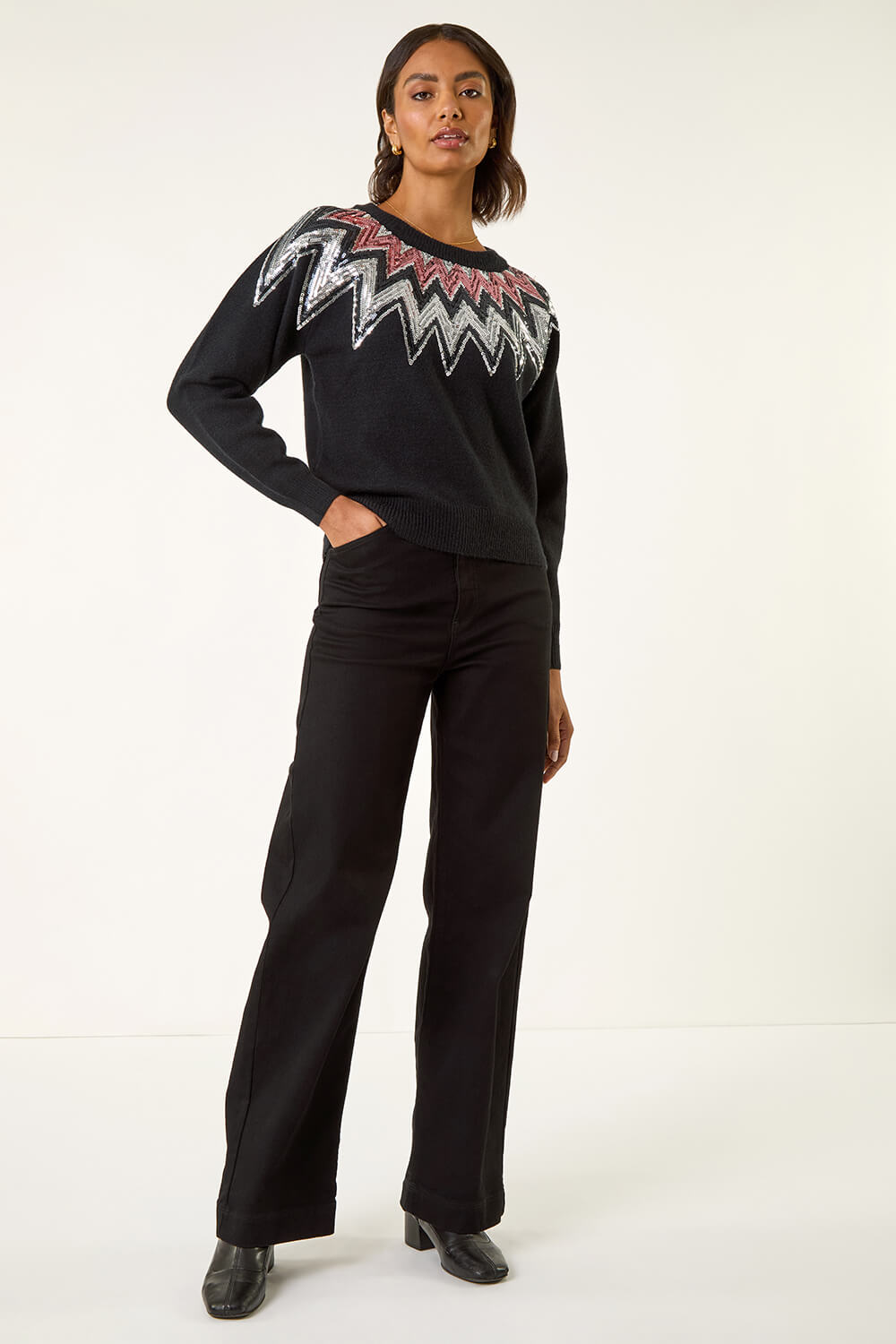 Black Sequin Neckline Knit Jumper, Image 3 of 5