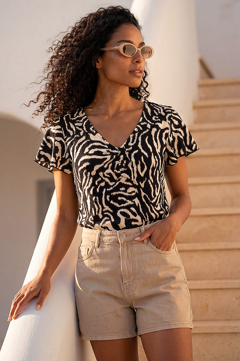 Black Abstract Print Ruched Frill Sleeve Top, Image 3 of 4