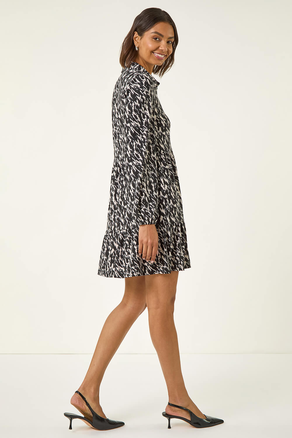 Black Abstract Print Buttoned Stretch Dress, Image 1 of 5