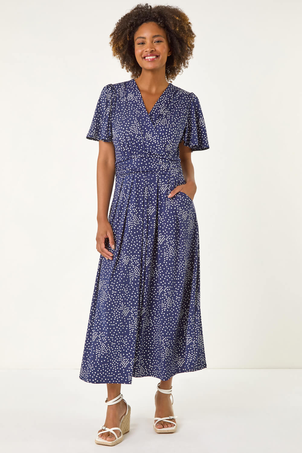 Navy  Polka Dot Wrap Midi Dress, Image 1 of 5