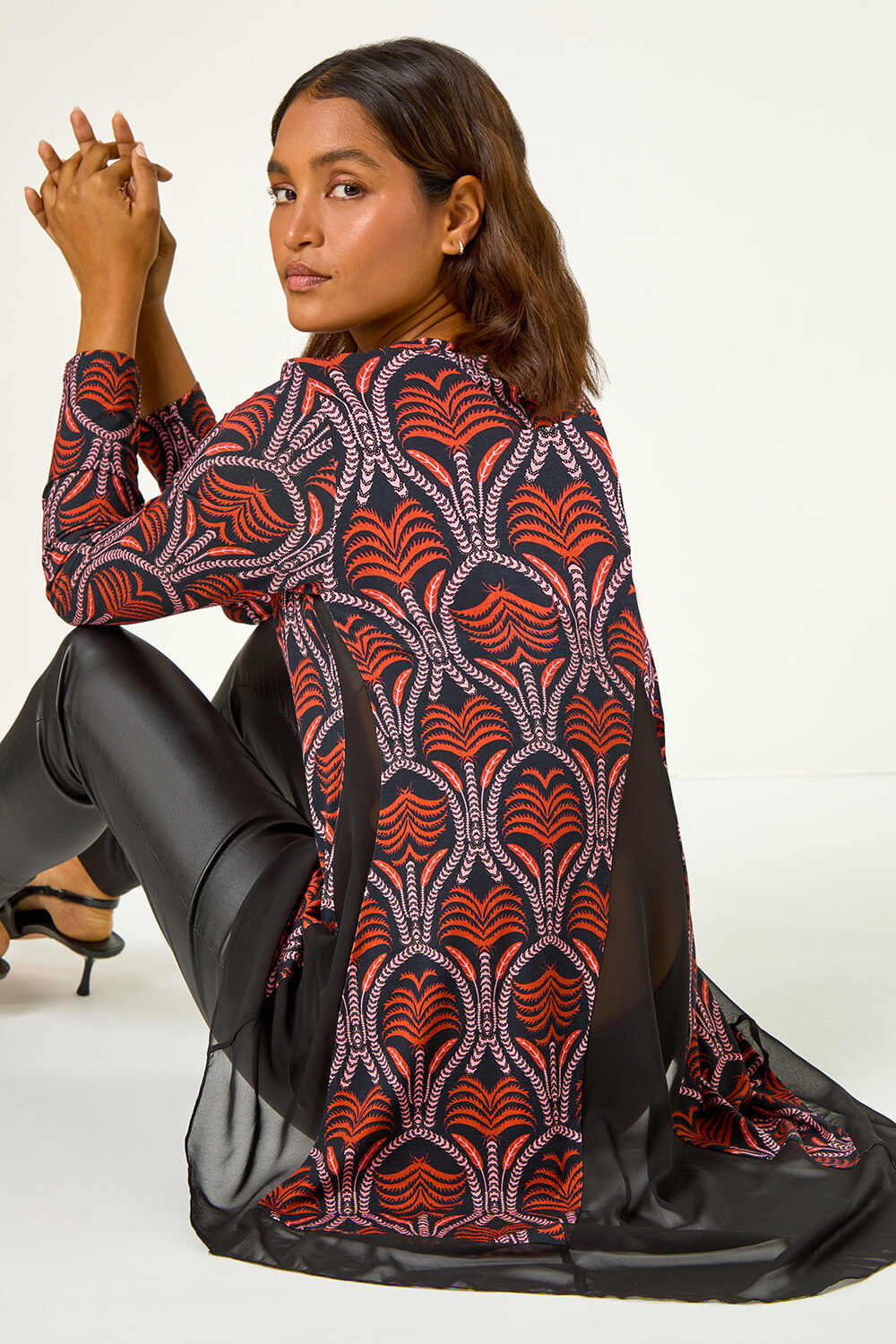 Red Chiffon Hem Printed Stretch Top, Image 1 of 5