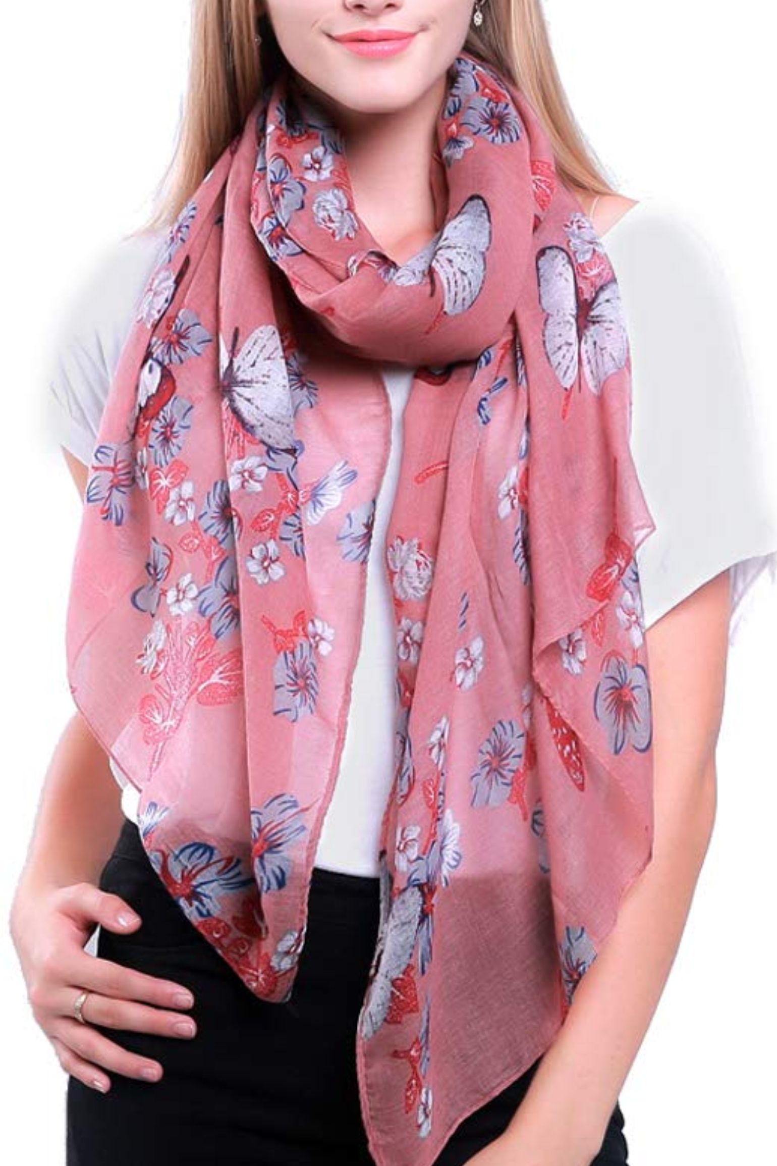 Light Pink Large Butterfly Print Lightweight Scarf, Image 1 of 2