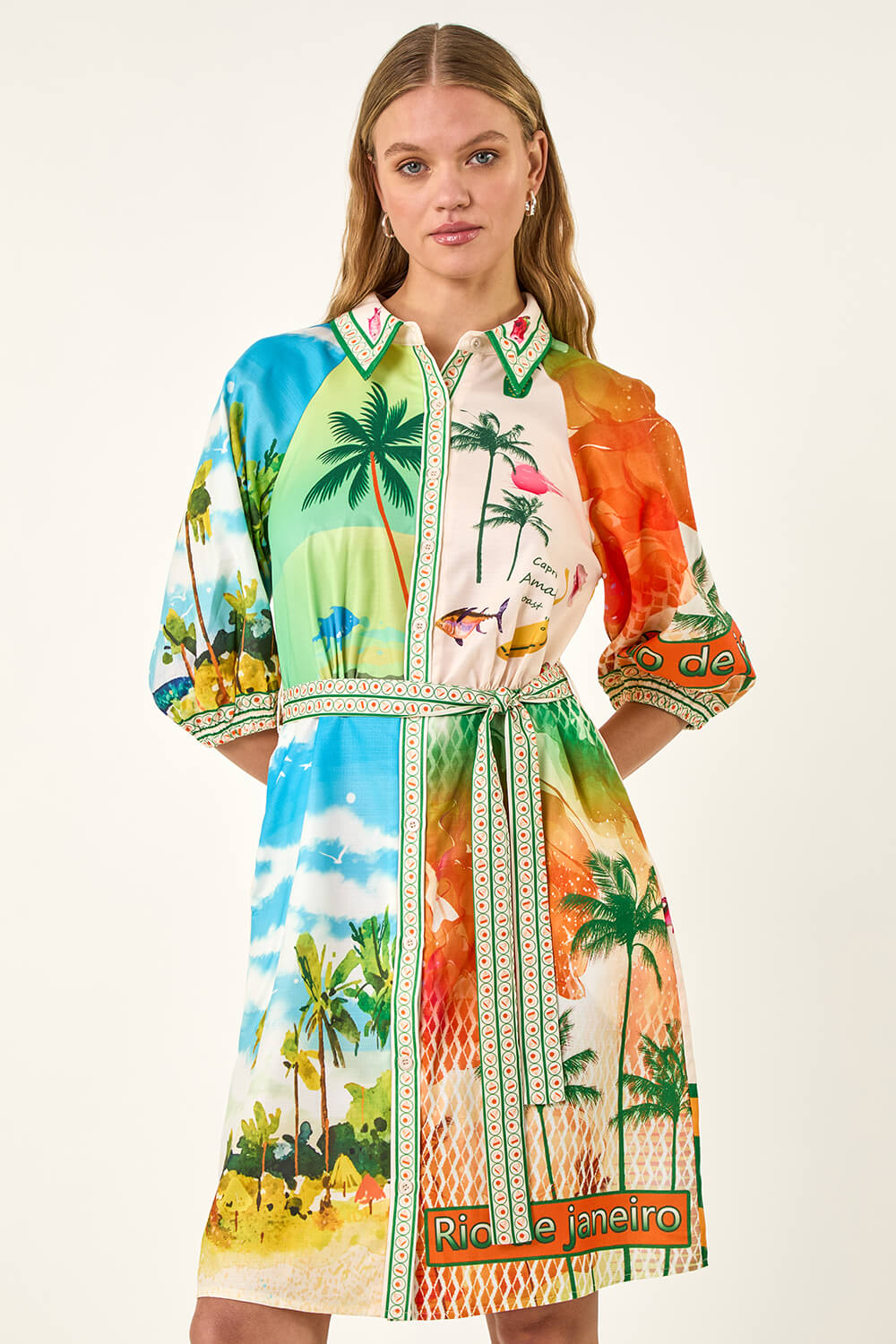 roman shirt dress Multi Landscape Print Tie Waist Shirt Dress