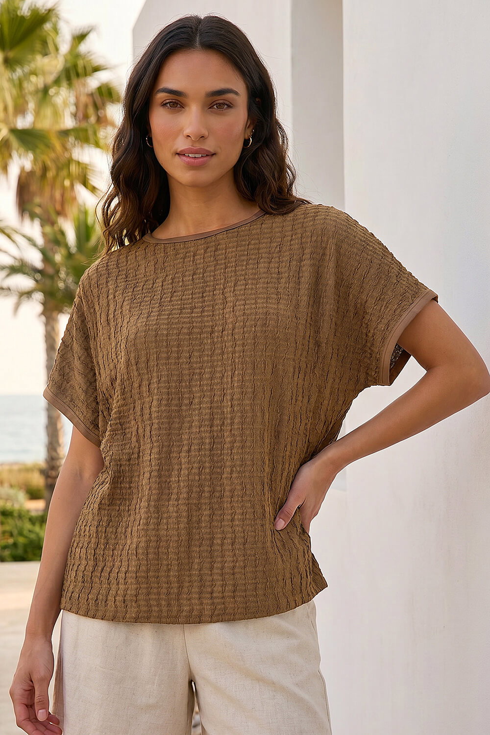 Roman Women's Chocolate Textured Stretch Tunic Top Size 18