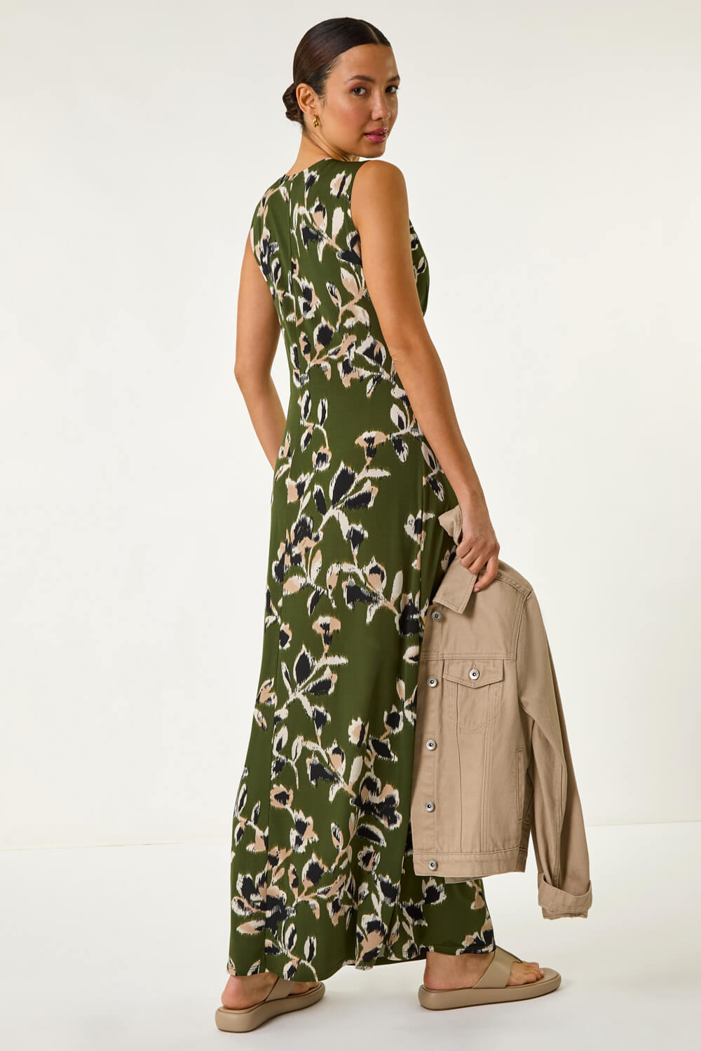 Khaki Abstract Print Tiered Maxi Dress