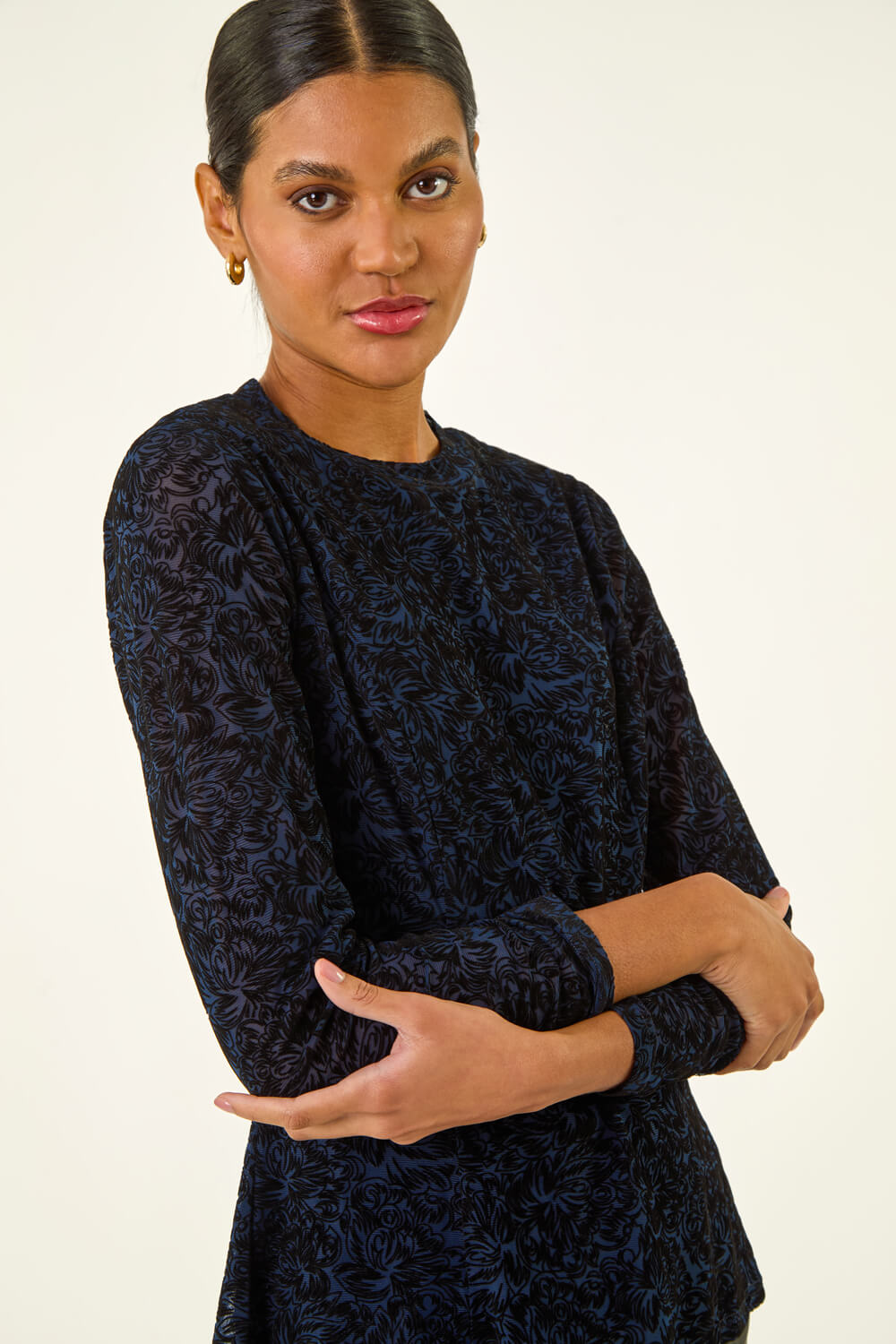 Navy  Flock Mesh Textured Top, Image 5 of 5