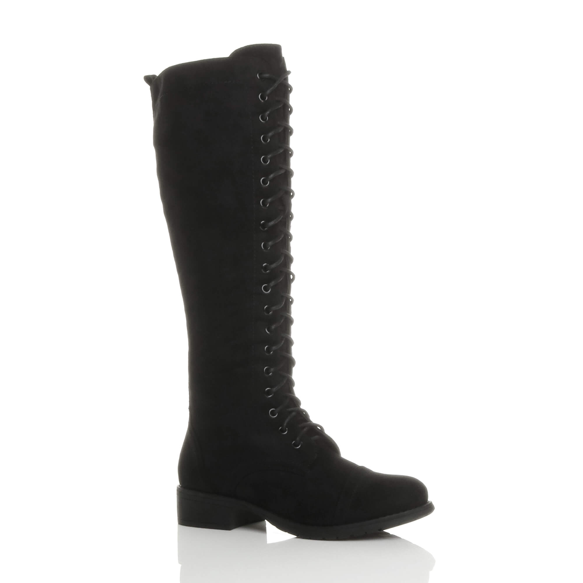 Black AJVANI Black Biker Lace Up Military Calf Knee Boots, Image 1 of 6