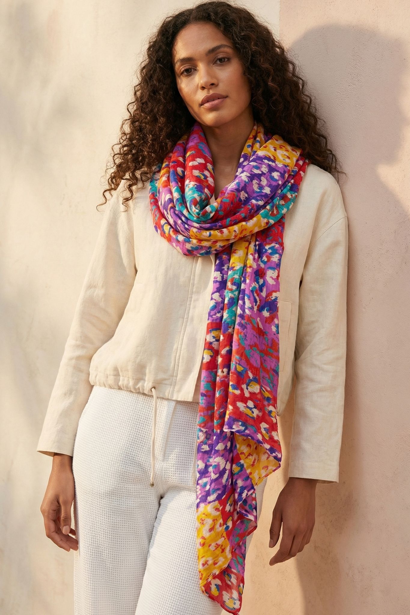 Multi Leopard Print Lightweight Cotton Scarf Pink, Image 1 of 4