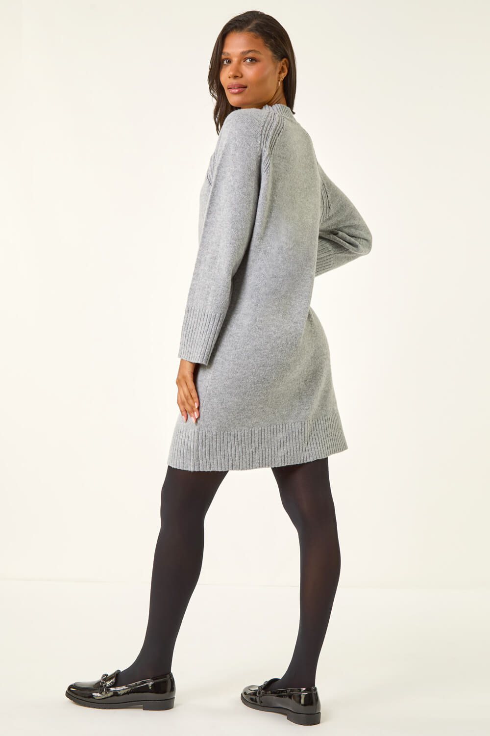 Light Grey High Neck Ribbed Knit Dress, Image 4 of 5