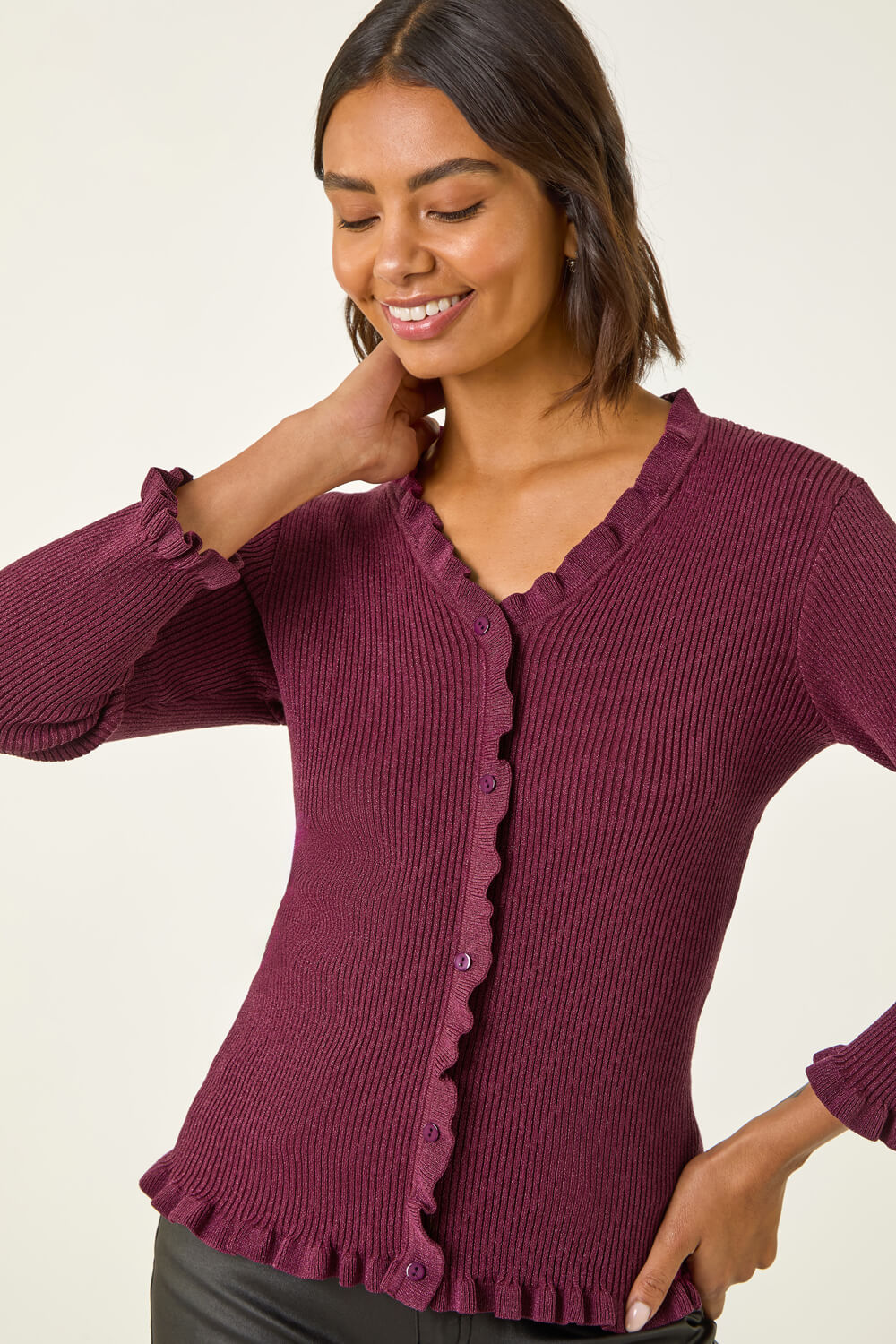 Roman Women's Burgundy V-Neck Ruffle Knit Size 18