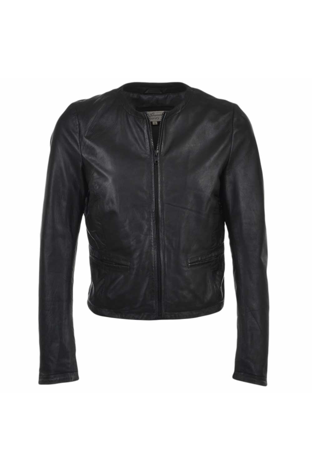 Black "Ethel" Real Leather Collarless Jacket