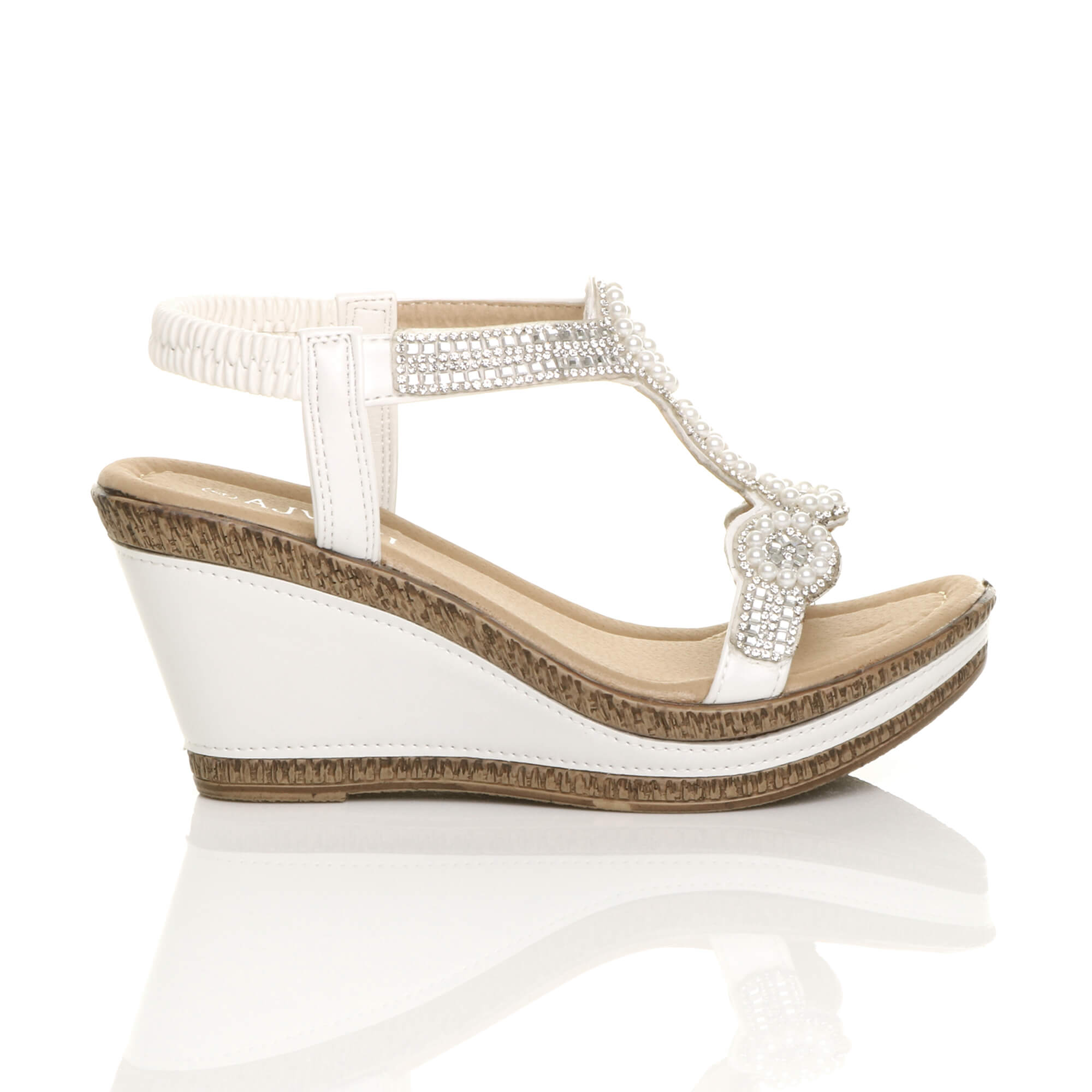 White AJVANI White High Wedge Heel Diamante T-Bar Slingback Sandals, Image 2 of 6