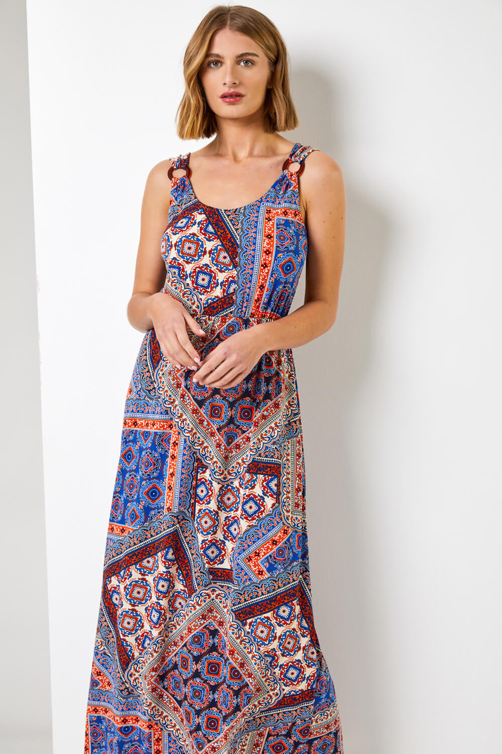 Blue Geo Print Ring Detail Maxi Dress, Image 3 of 5