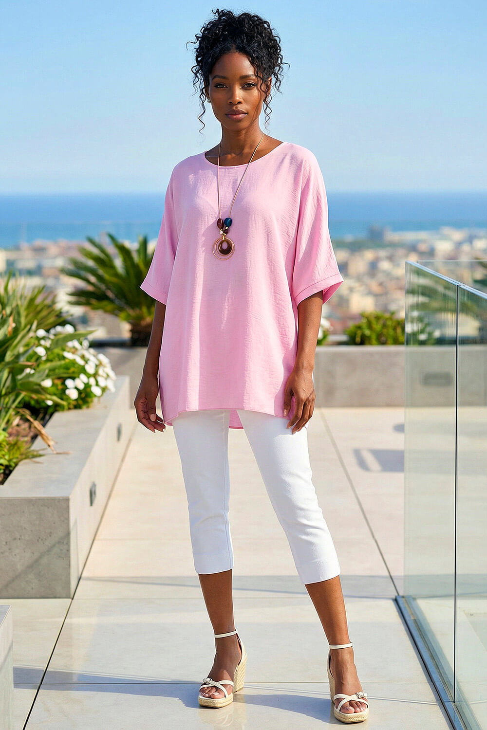 Pink Tunic Top with Necklace, Image 3 of 4
